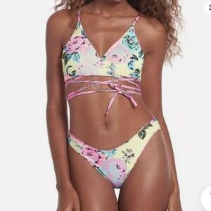 Maaji Pastel Floral Lace-Up Bikini in Yellow and Pink